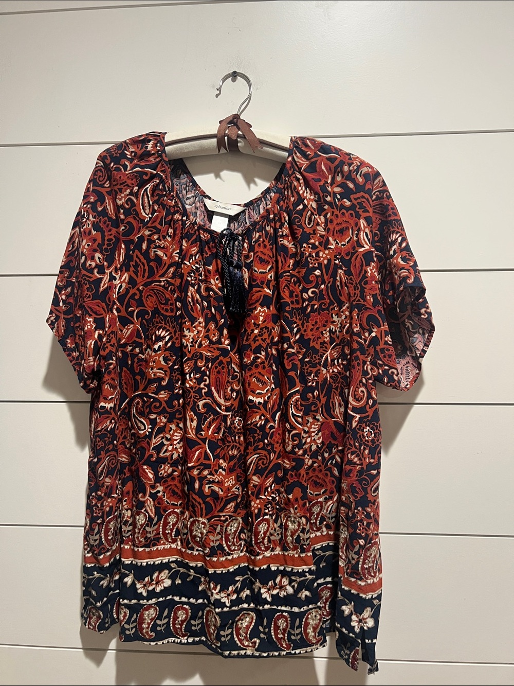 CJ Banks Plus Size 1x Rust and Black Paisley Peasant Blouse with Tie Neck